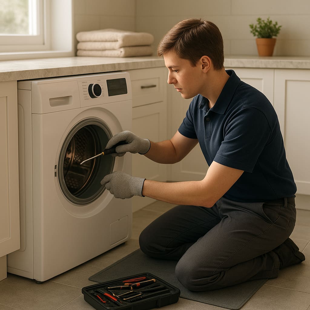 Techniker repariert Waschmaschine